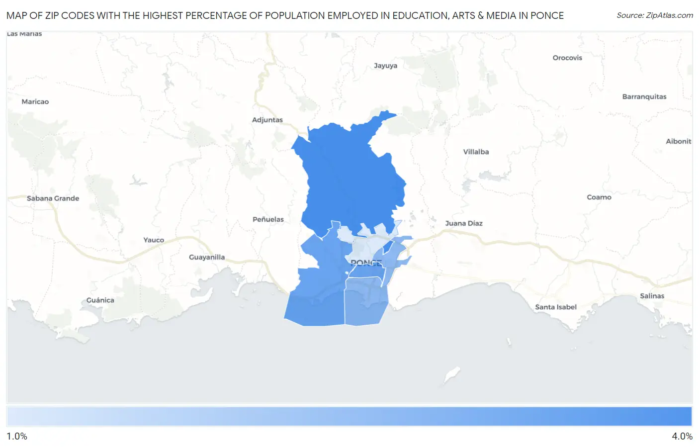 Zip Codes with the Highest Percentage of Population Employed in Education, Arts & Media in Ponce Map