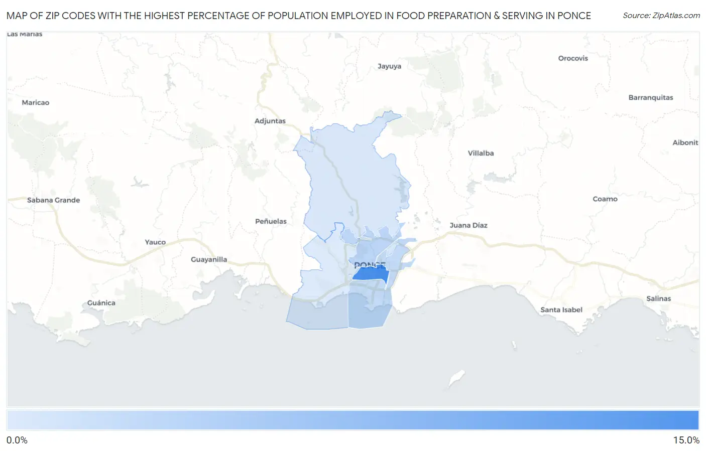 Zip Codes with the Highest Percentage of Population Employed in Food Preparation & Serving in Ponce Map