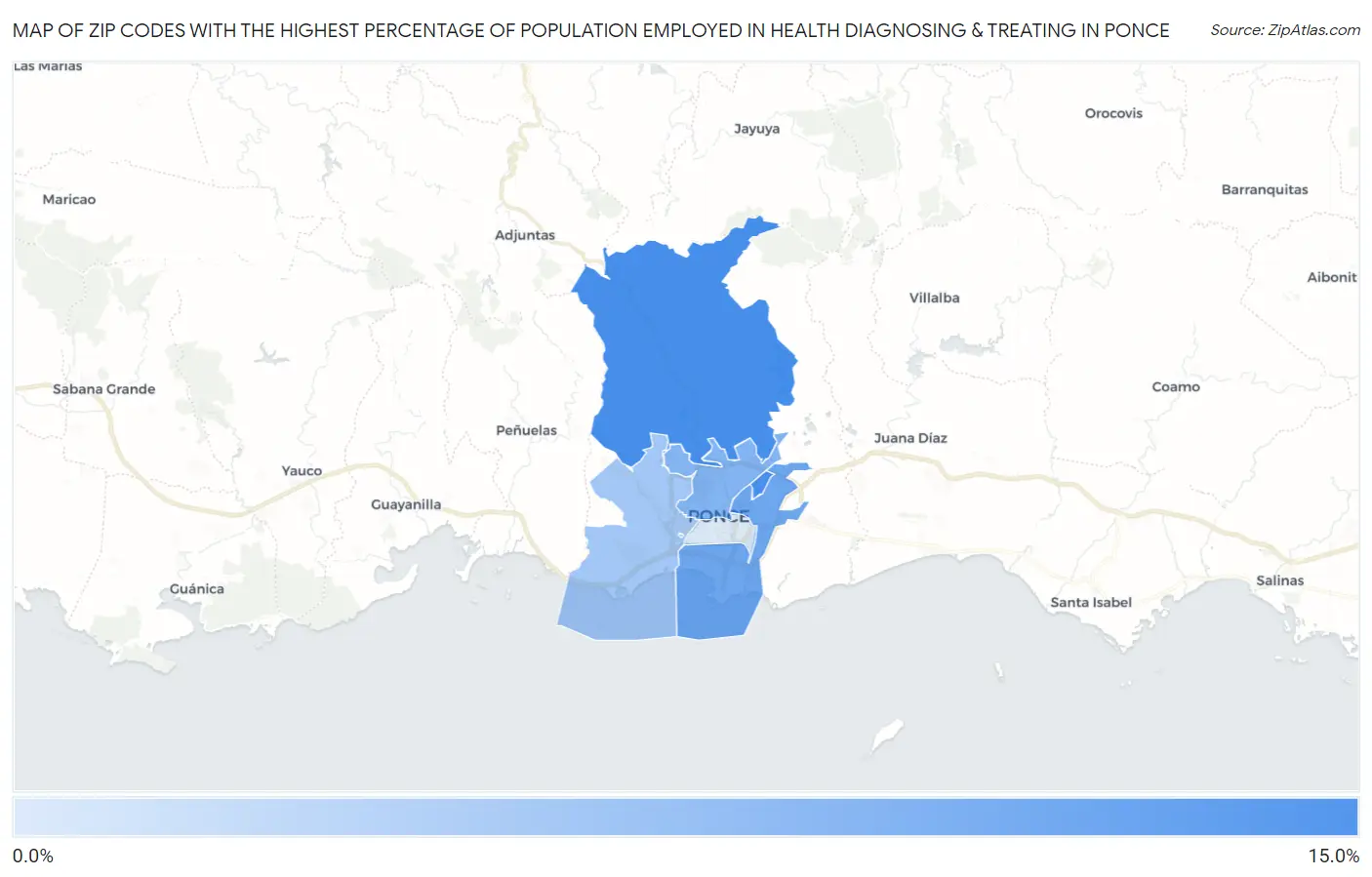 Zip Codes with the Highest Percentage of Population Employed in Health Diagnosing & Treating in Ponce Map