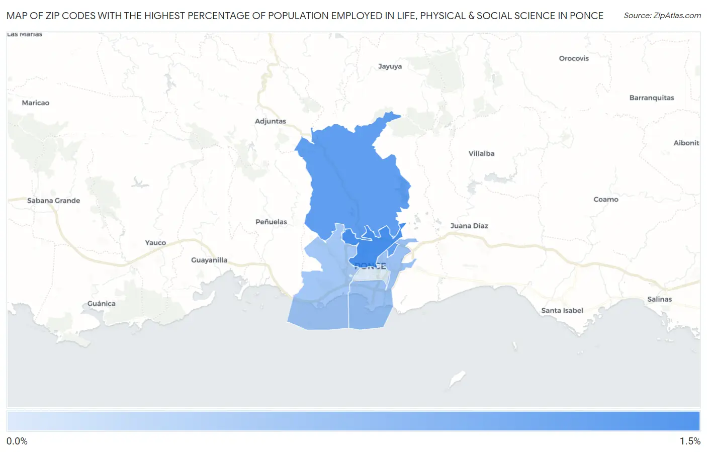 Zip Codes with the Highest Percentage of Population Employed in Life, Physical & Social Science in Ponce Map