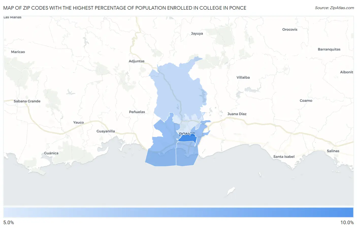 Zip Codes with the Highest Percentage of Population Enrolled in College in Ponce Map