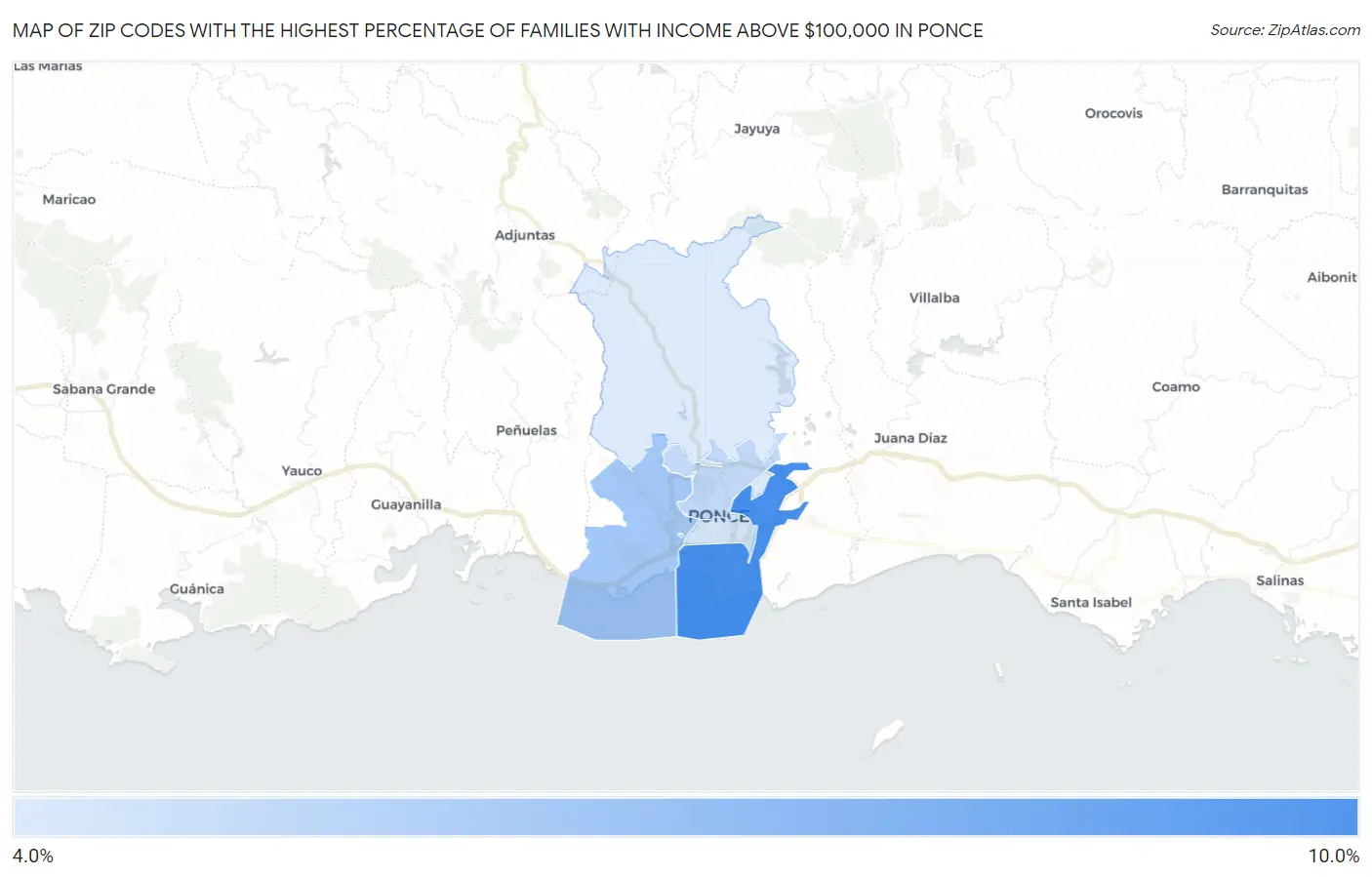 Zip Codes with the Highest Percentage of Families with Income Above $100,000 in Ponce Map
