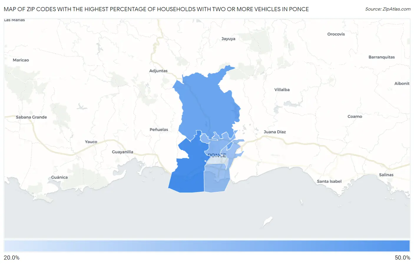Zip Codes with the Highest Percentage of Households With Two or more Vehicles in Ponce Map