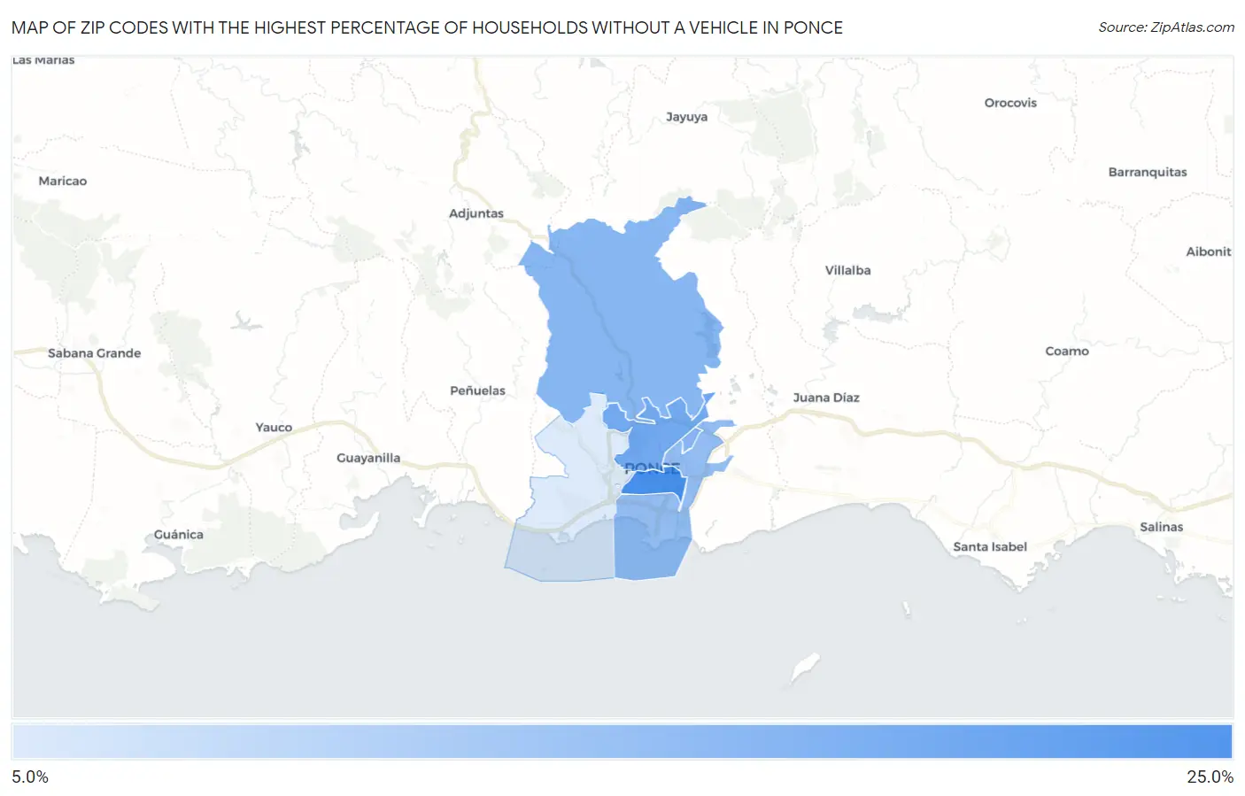 Zip Codes with the Highest Percentage of Households Without a Vehicle in Ponce Map