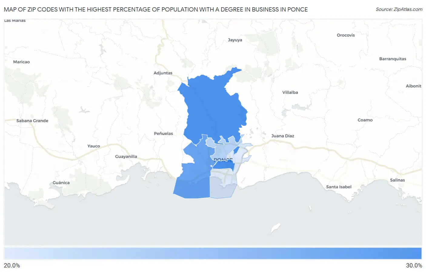 Zip Codes with the Highest Percentage of Population with a Degree in Business in Ponce Map