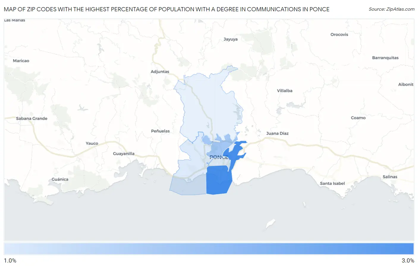 Zip Codes with the Highest Percentage of Population with a Degree in Communications in Ponce Map