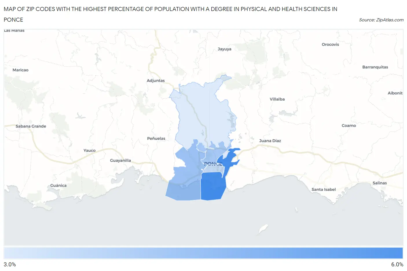 Zip Codes with the Highest Percentage of Population with a Degree in Physical and Health Sciences in Ponce Map