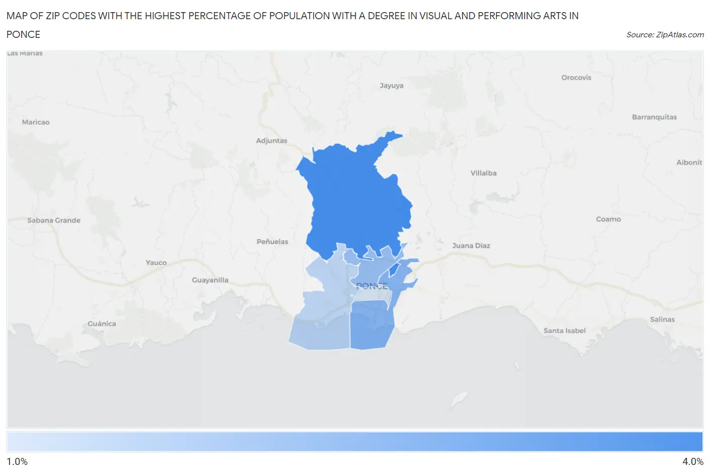 Zip Codes with the Highest Percentage of Population with a Degree in Visual and Performing Arts in Ponce Map