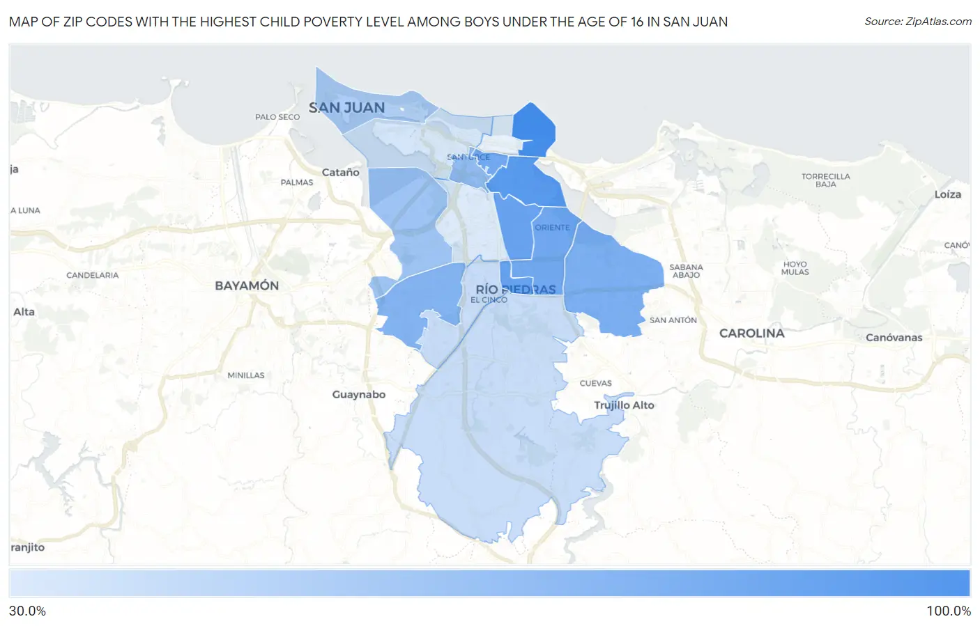 Zip Codes with the Highest Child Poverty Level Among Boys Under the Age of 16 in San Juan Map