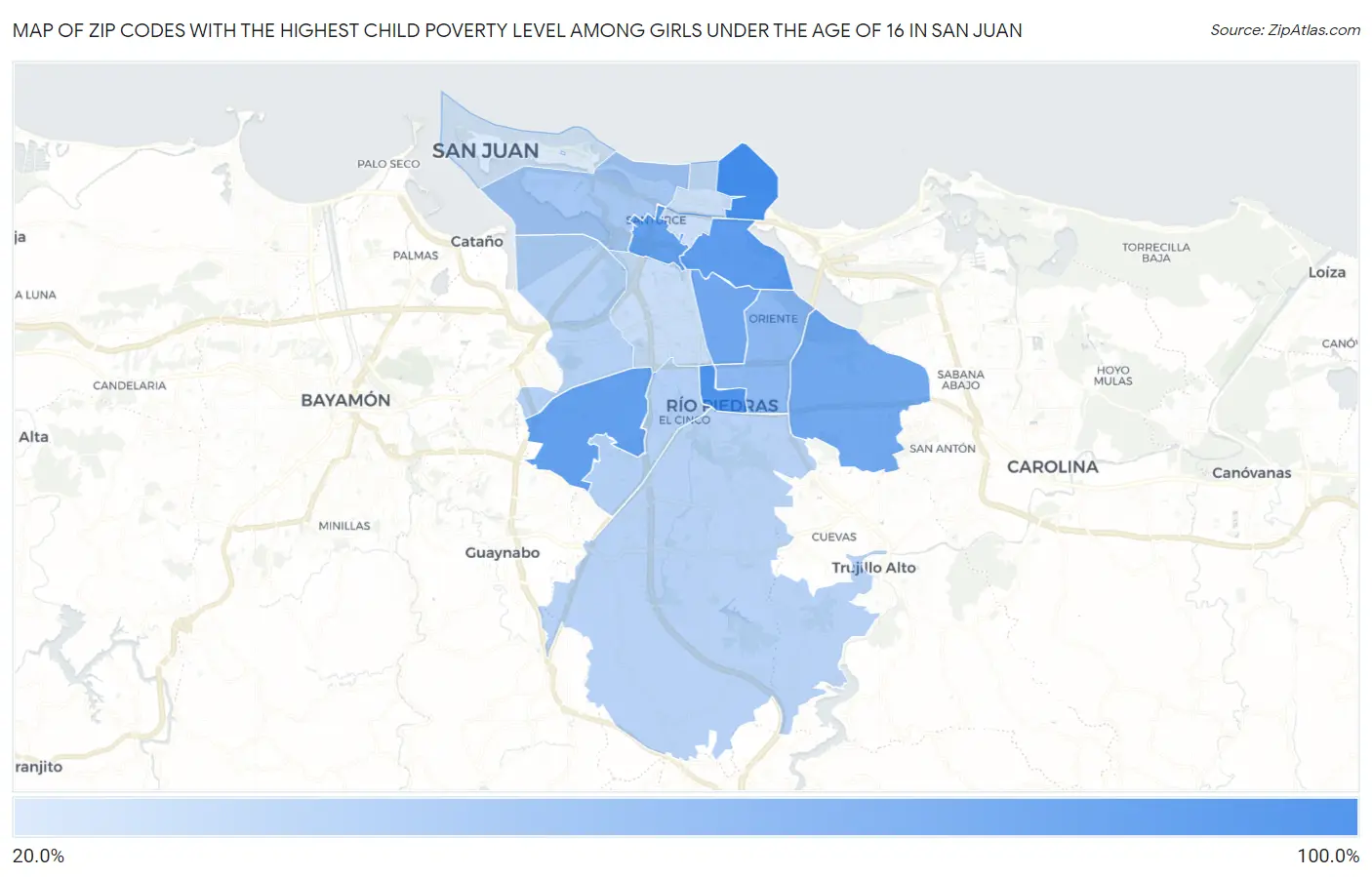 Zip Codes with the Highest Child Poverty Level Among Girls Under the Age of 16 in San Juan Map