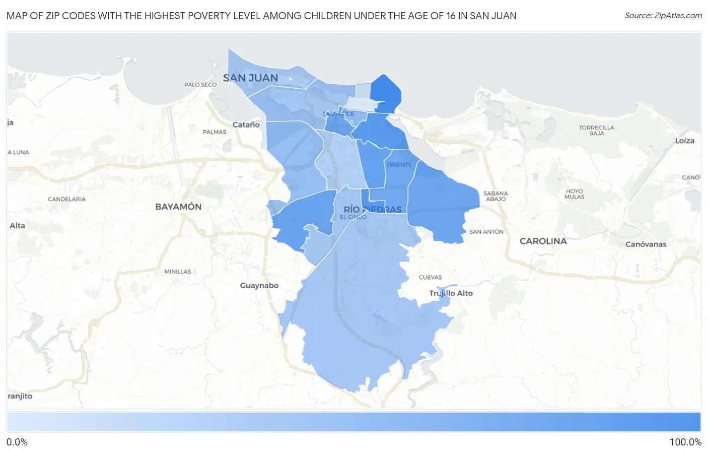Zip Codes with the Highest Poverty Level Among Children Under the Age of 16 in San Juan Map