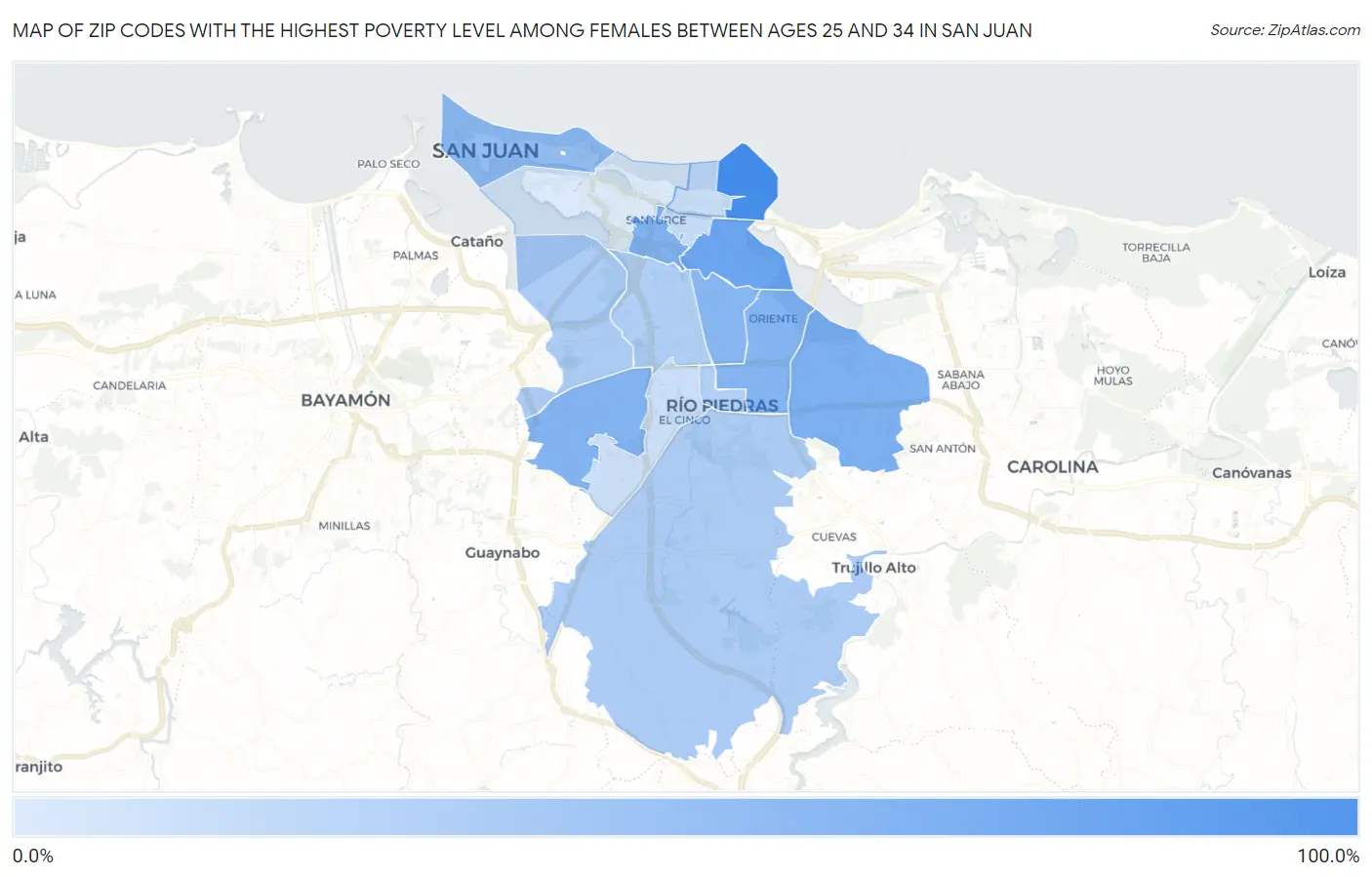 Zip Codes with the Highest Poverty Level Among Females Between Ages 25 and 34 in San Juan Map