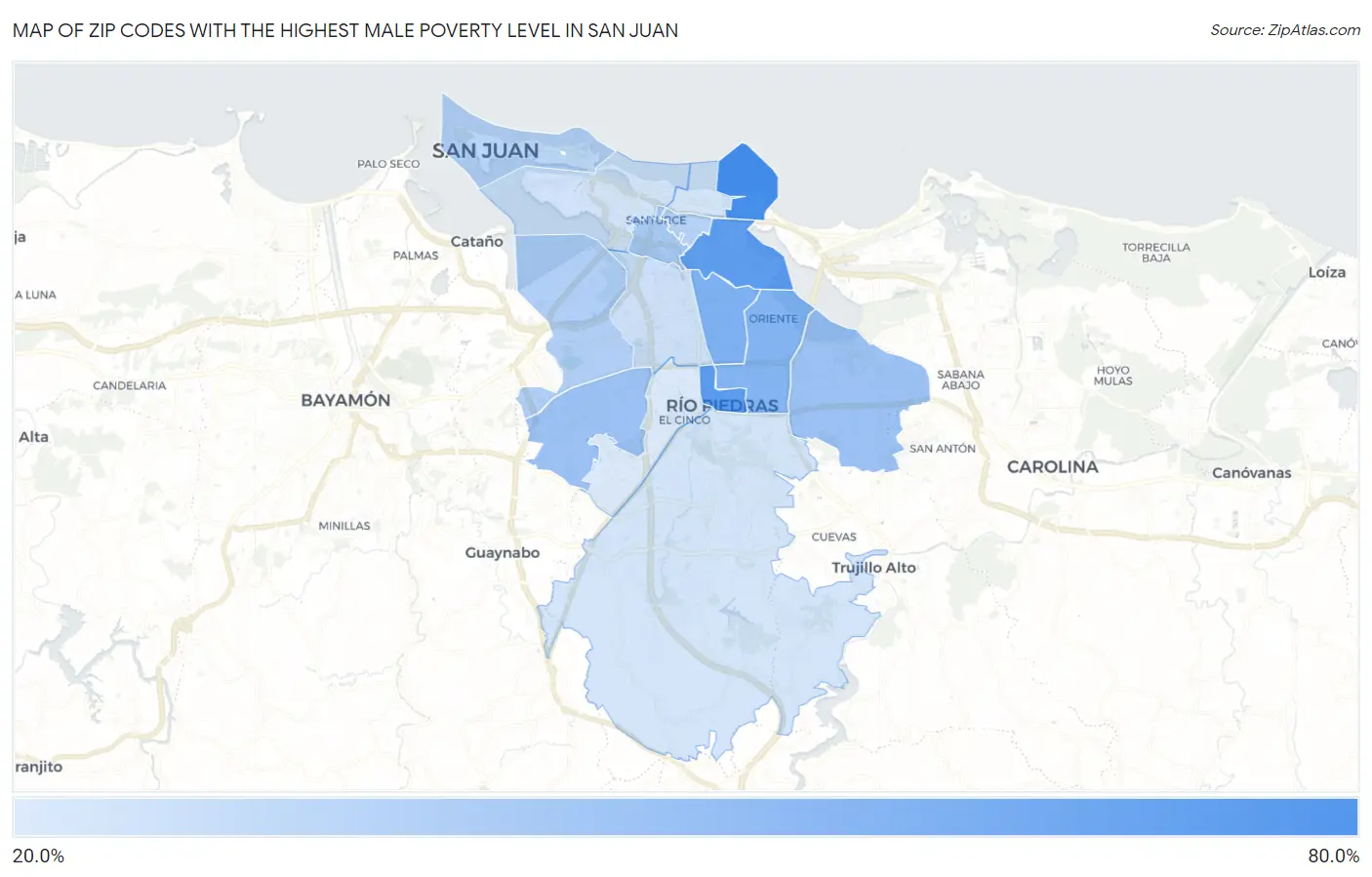 Zip Codes with the Highest Male Poverty Level in San Juan Map