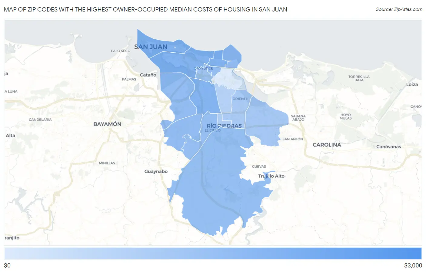 Zip Codes with the Highest Owner-Occupied Median Costs of Housing in San Juan Map