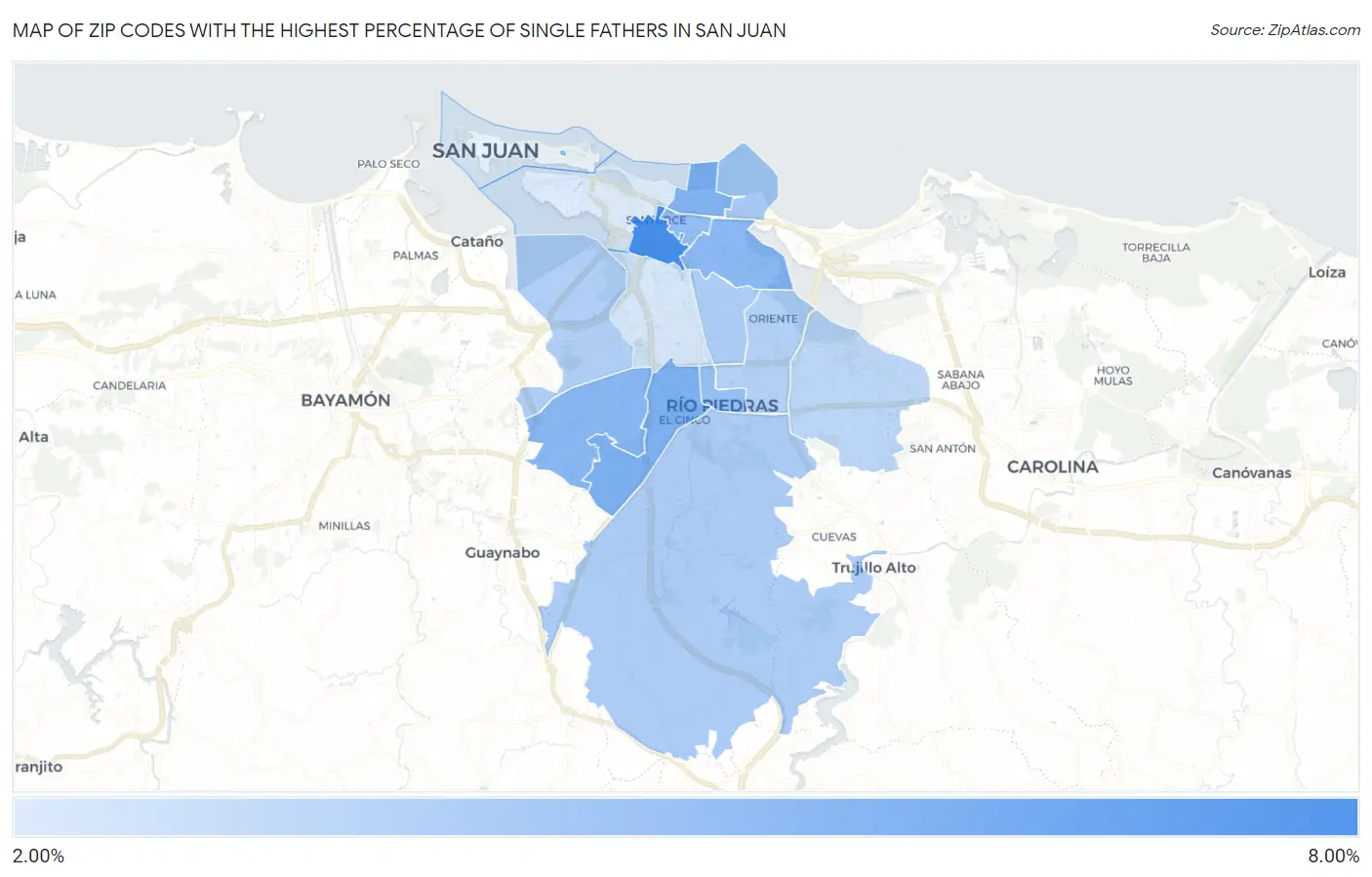 Zip Codes with the Highest Percentage of Single Fathers in San Juan Map