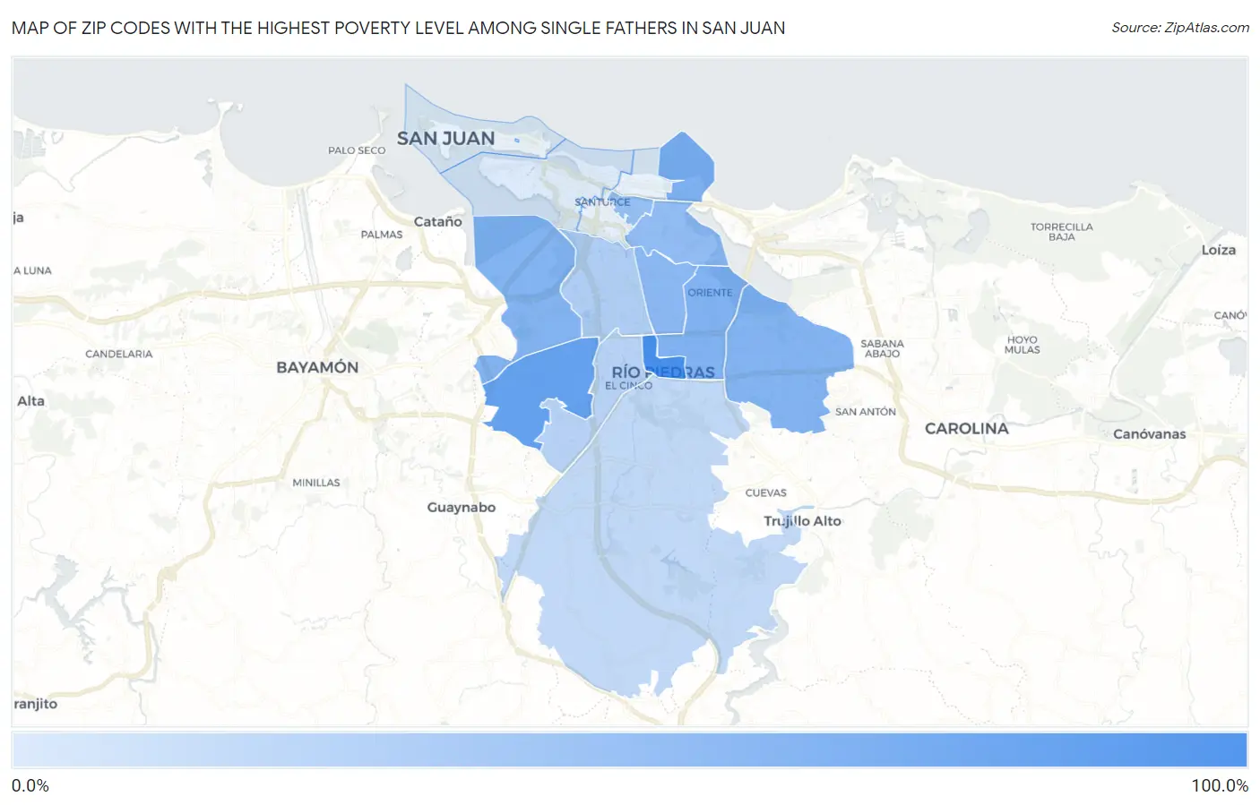 Zip Codes with the Highest Poverty Level Among Single Fathers in San Juan Map