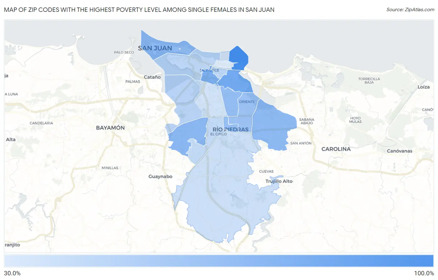Zip Codes with the Highest Poverty Level Among Single Females in San Juan Map
