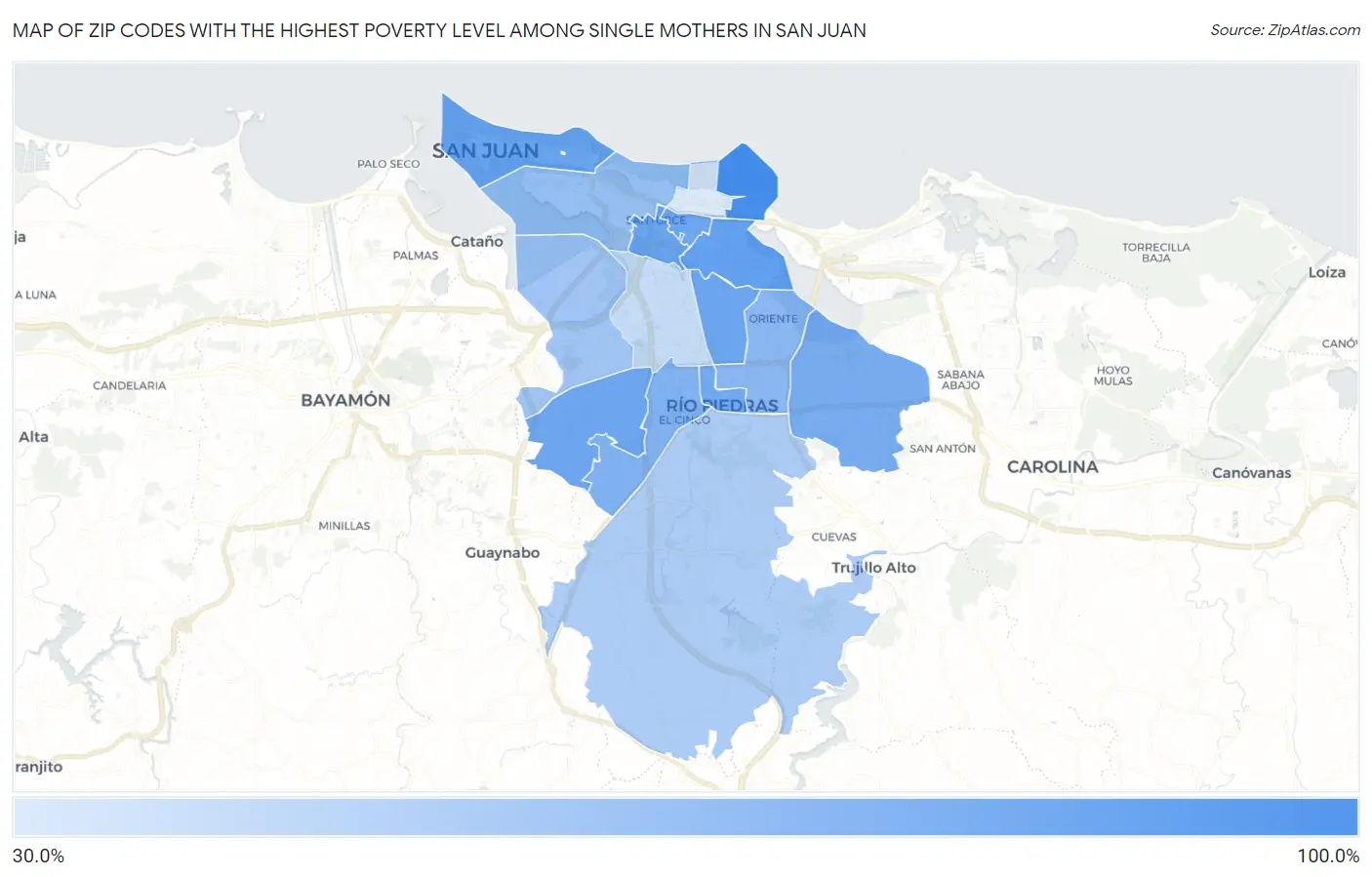 Zip Codes with the Highest Poverty Level Among Single Mothers in San Juan Map