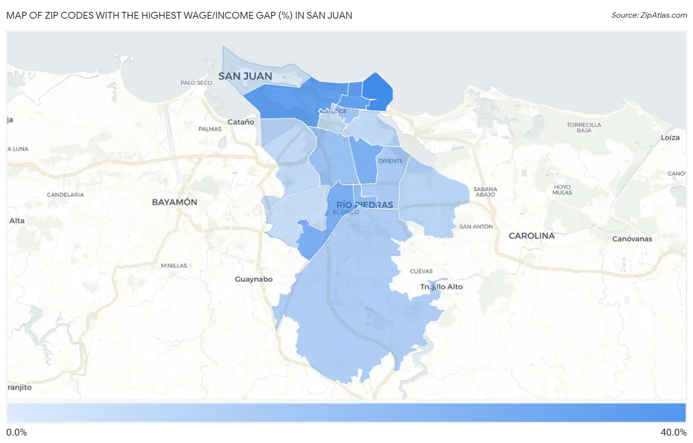 Zip Codes with the Highest Wage/Income Gap (%) in San Juan Map