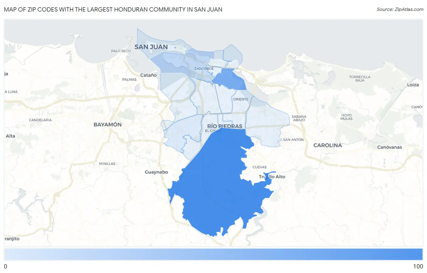 Zip Codes with the Largest Honduran Community in San Juan Map