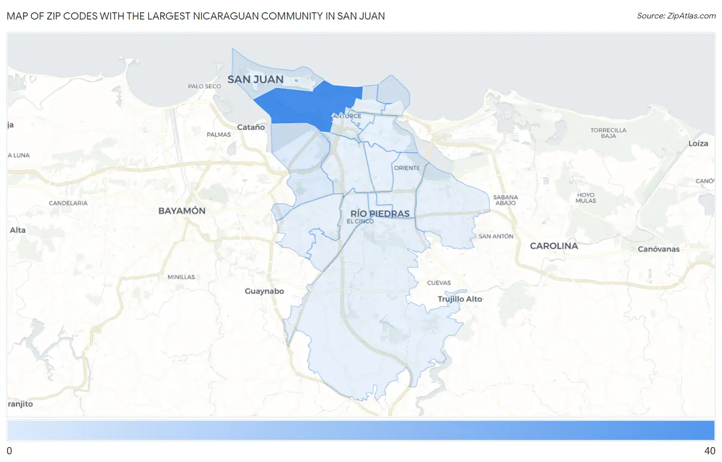 Zip Codes with the Largest Nicaraguan Community in San Juan Map