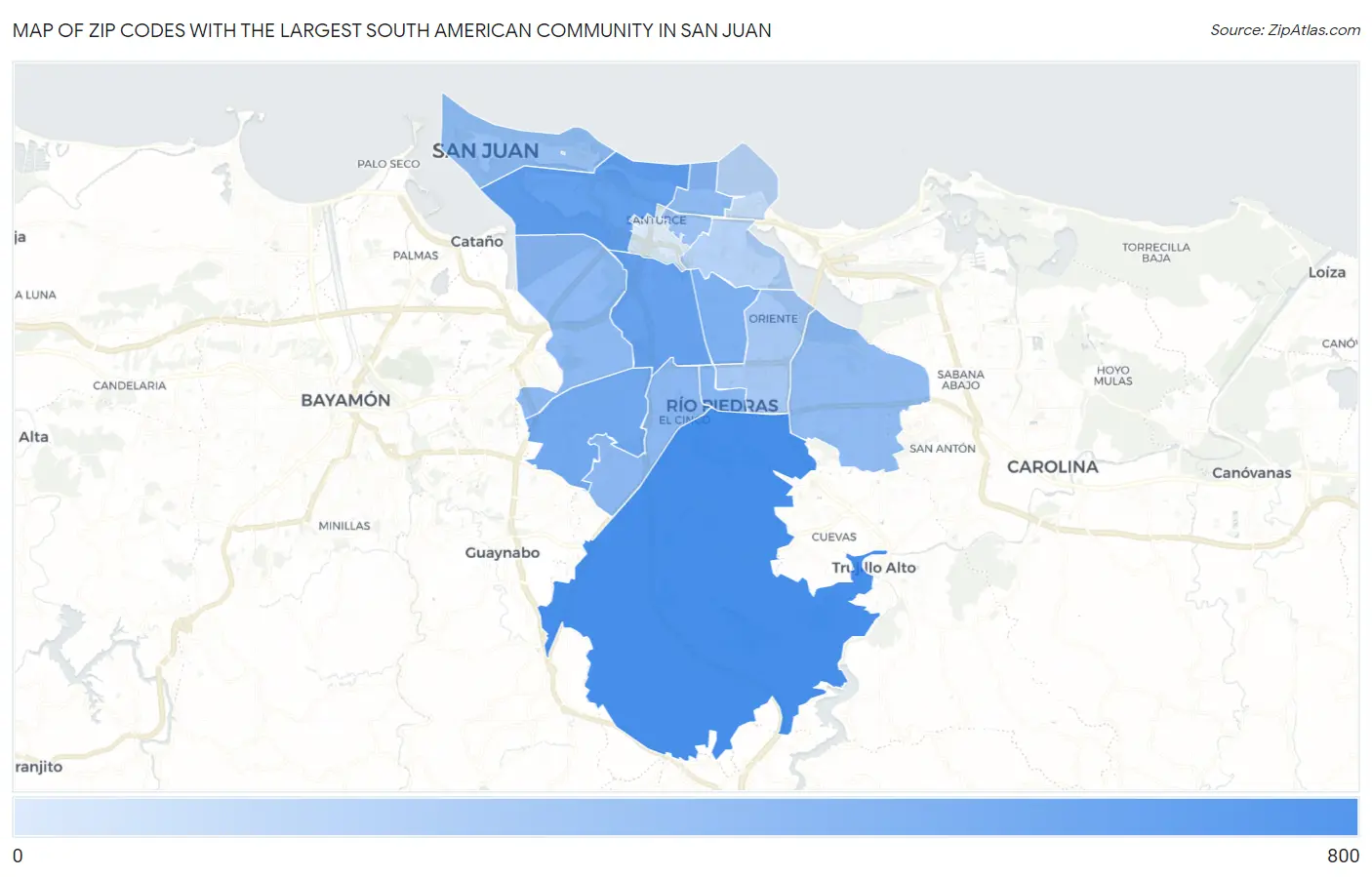 Zip Codes with the Largest South American Community in San Juan Map