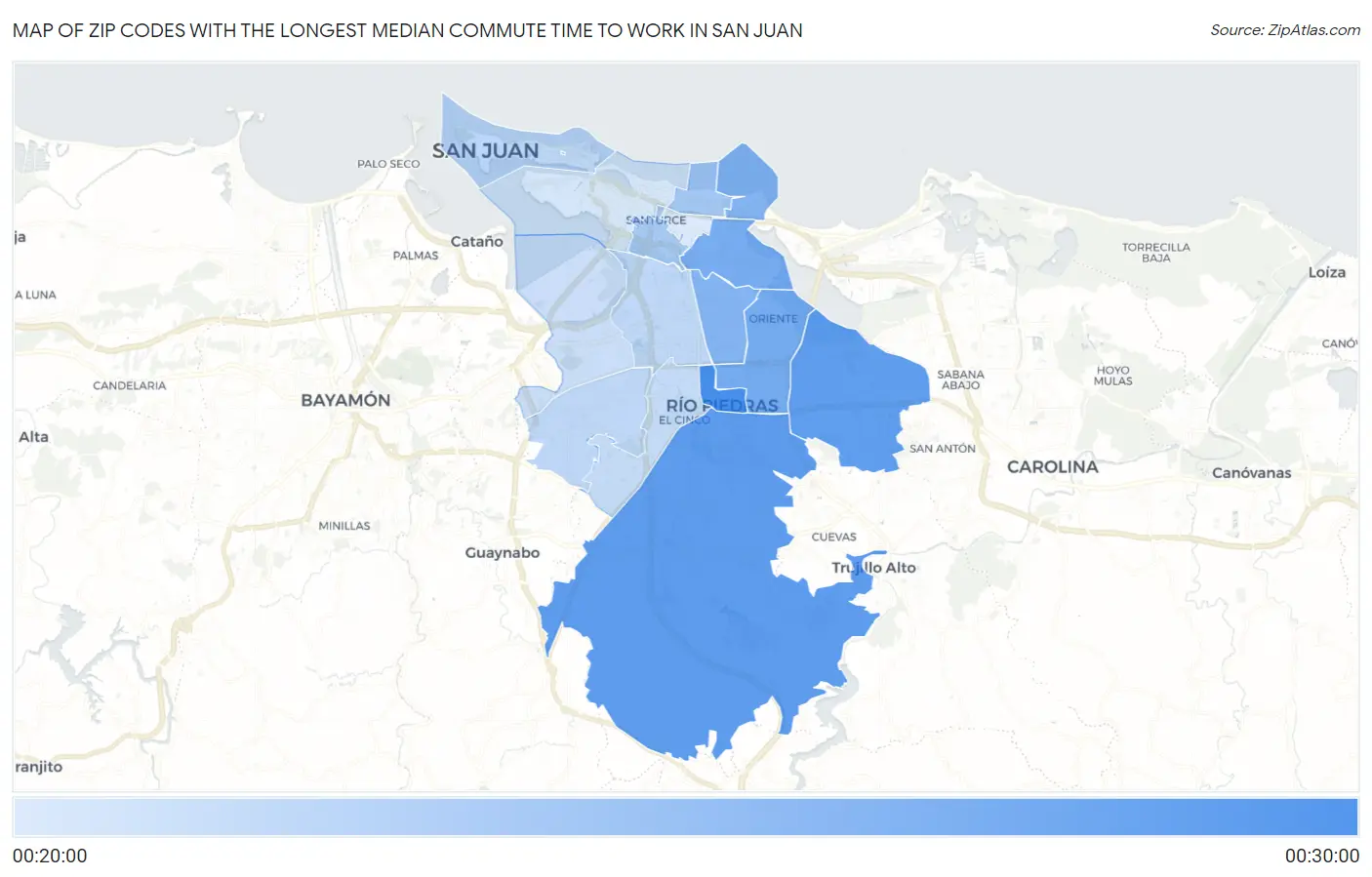 Zip Codes with the Longest Median Commute Time to Work in San Juan Map