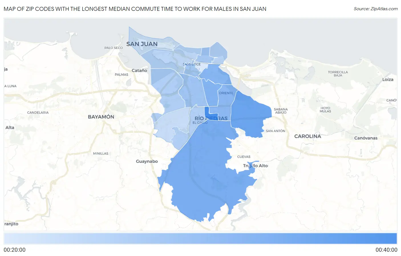 Zip Codes with the Longest Median Commute Time to Work for Males in San Juan Map