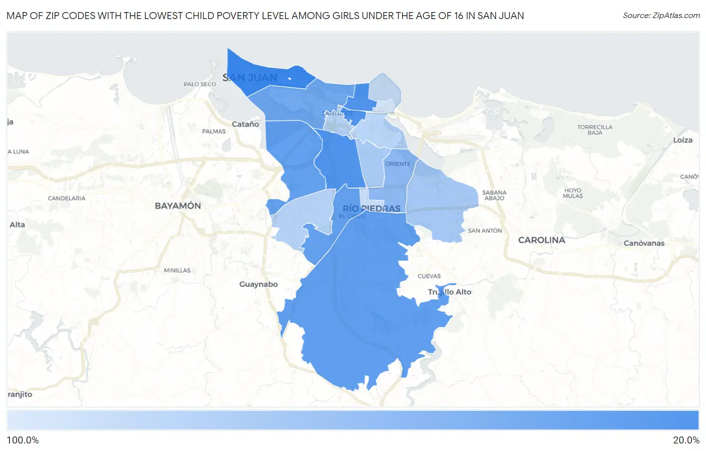 Zip Codes with the Lowest Child Poverty Level Among Girls Under the Age of 16 in San Juan Map