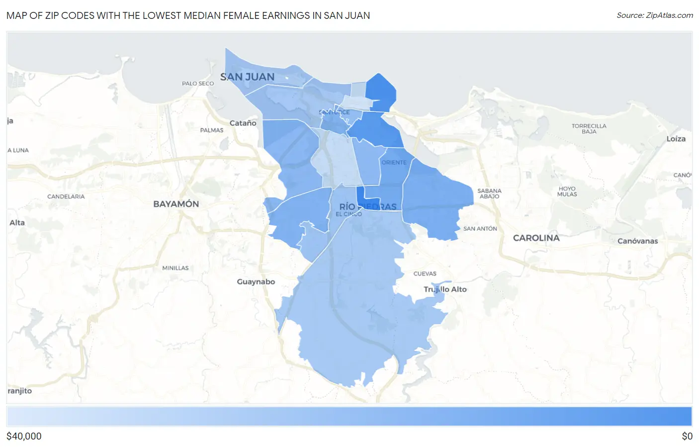 Zip Codes with the Lowest Median Female Earnings in San Juan Map