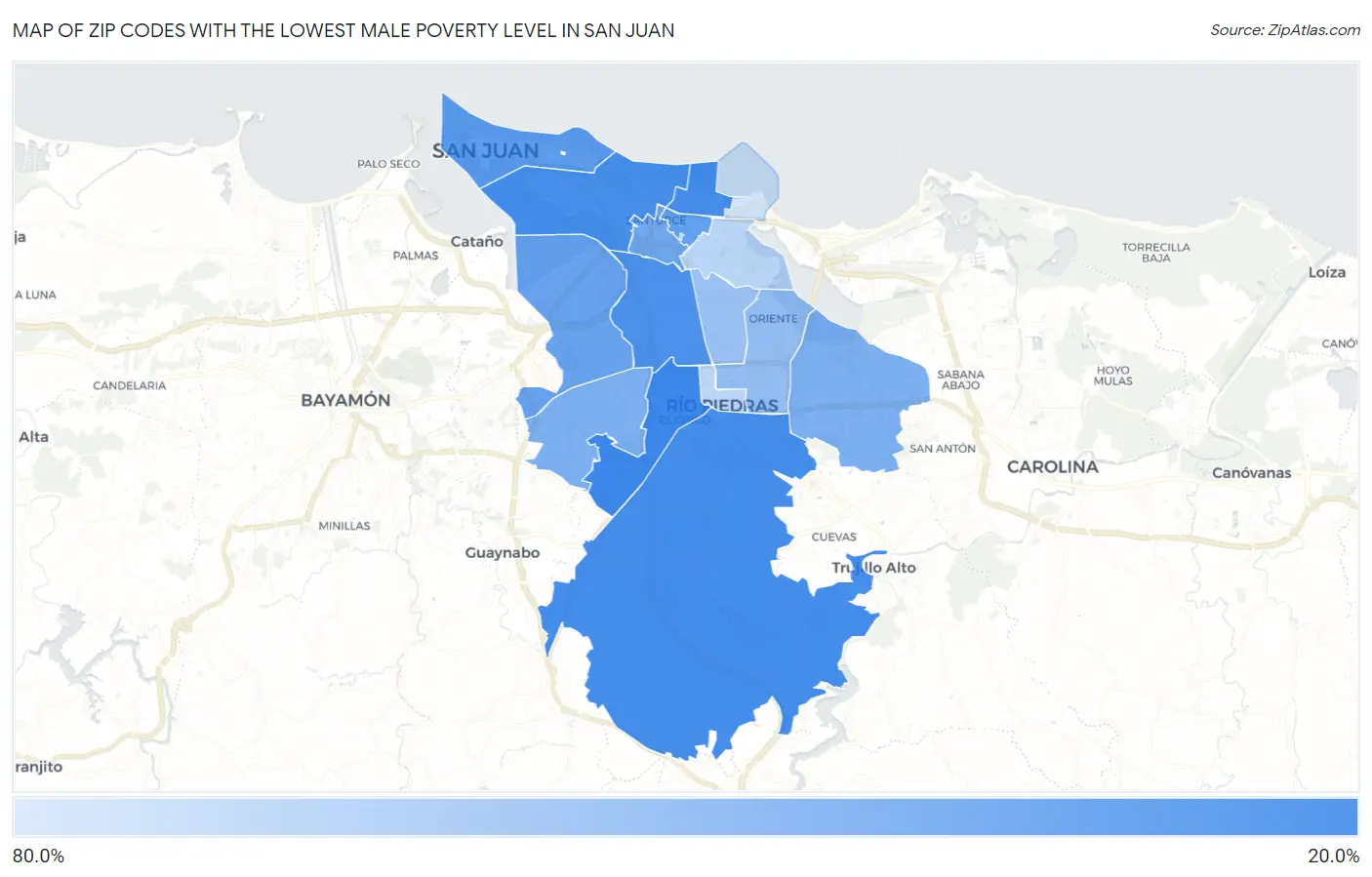 Zip Codes with the Lowest Male Poverty Level in San Juan Map