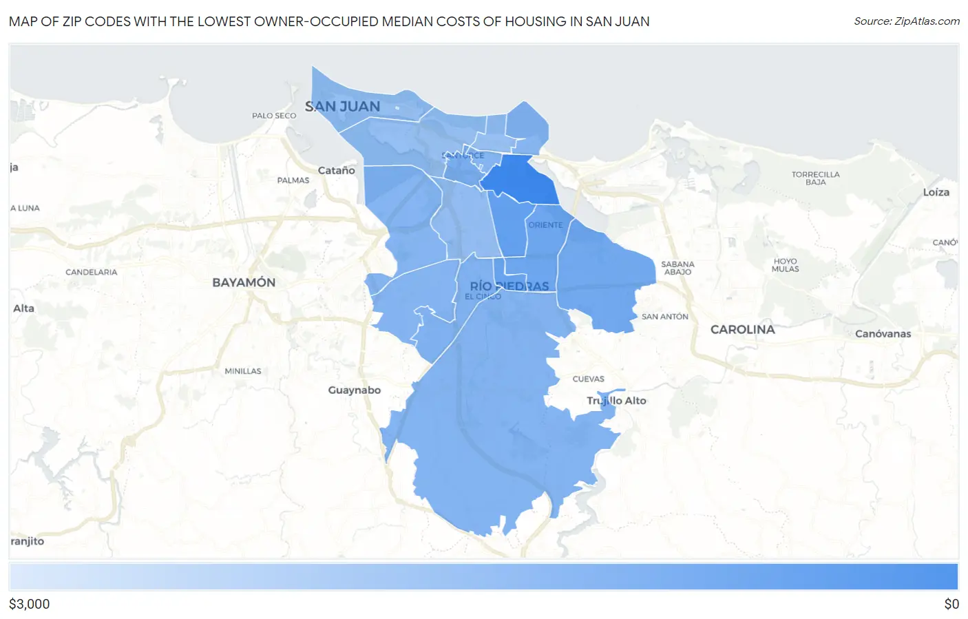 Zip Codes with the Lowest Owner-Occupied Median Costs of Housing in San Juan Map