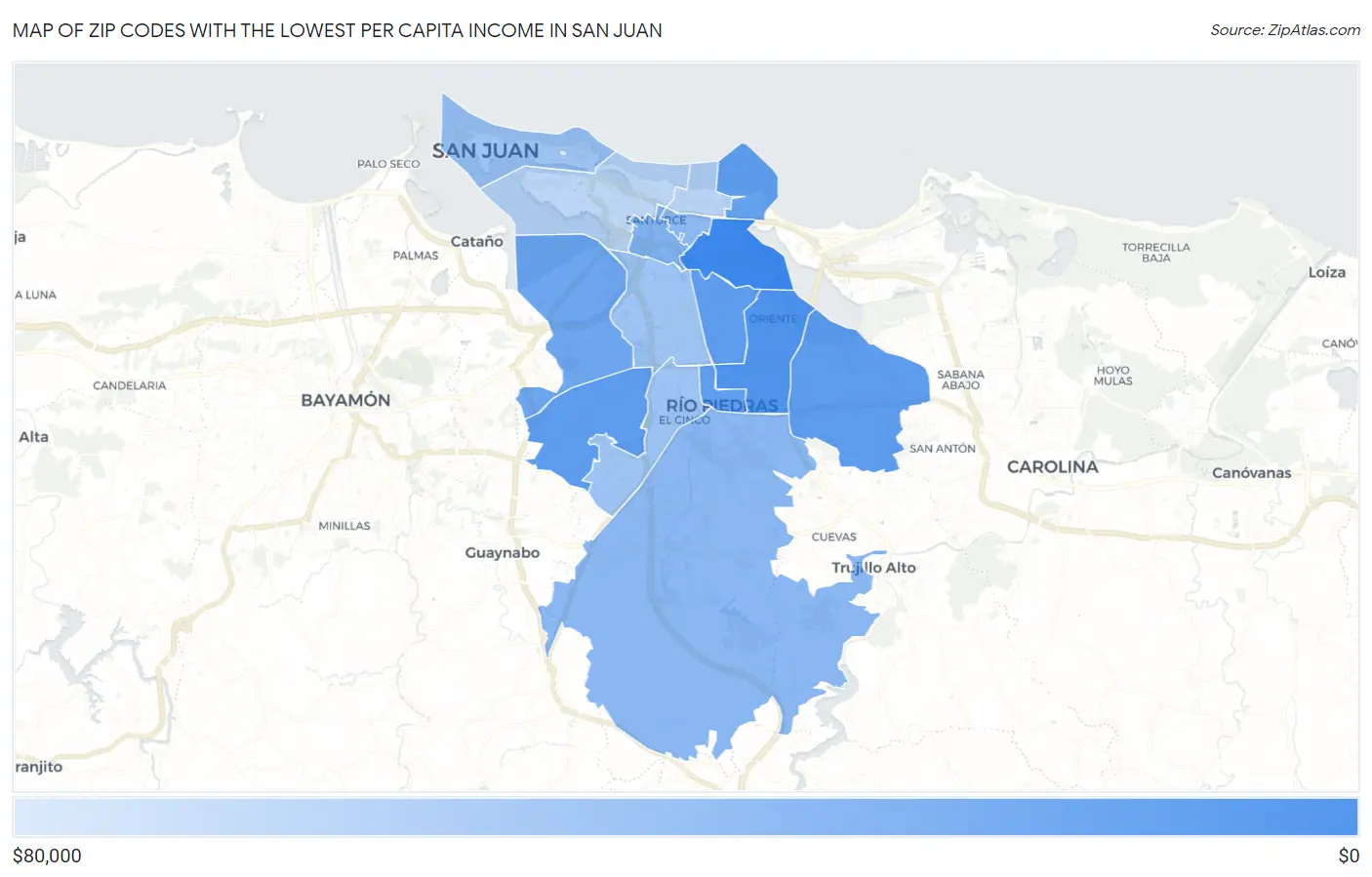 Zip Codes with the Lowest Per Capita Income in San Juan Map