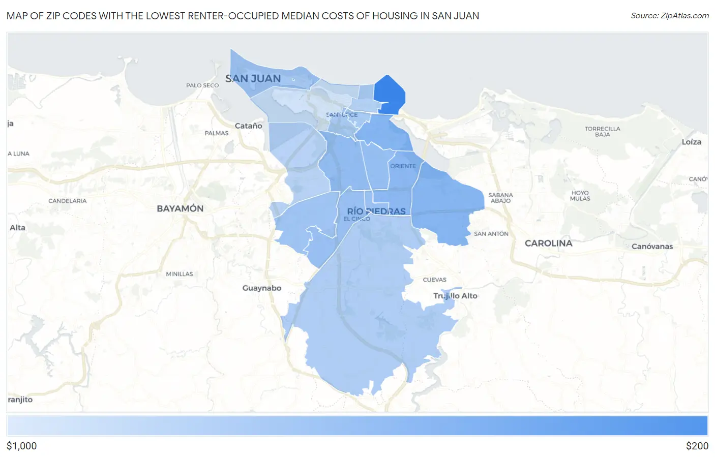 Zip Codes with the Lowest Renter-Occupied Median Costs of Housing in San Juan Map
