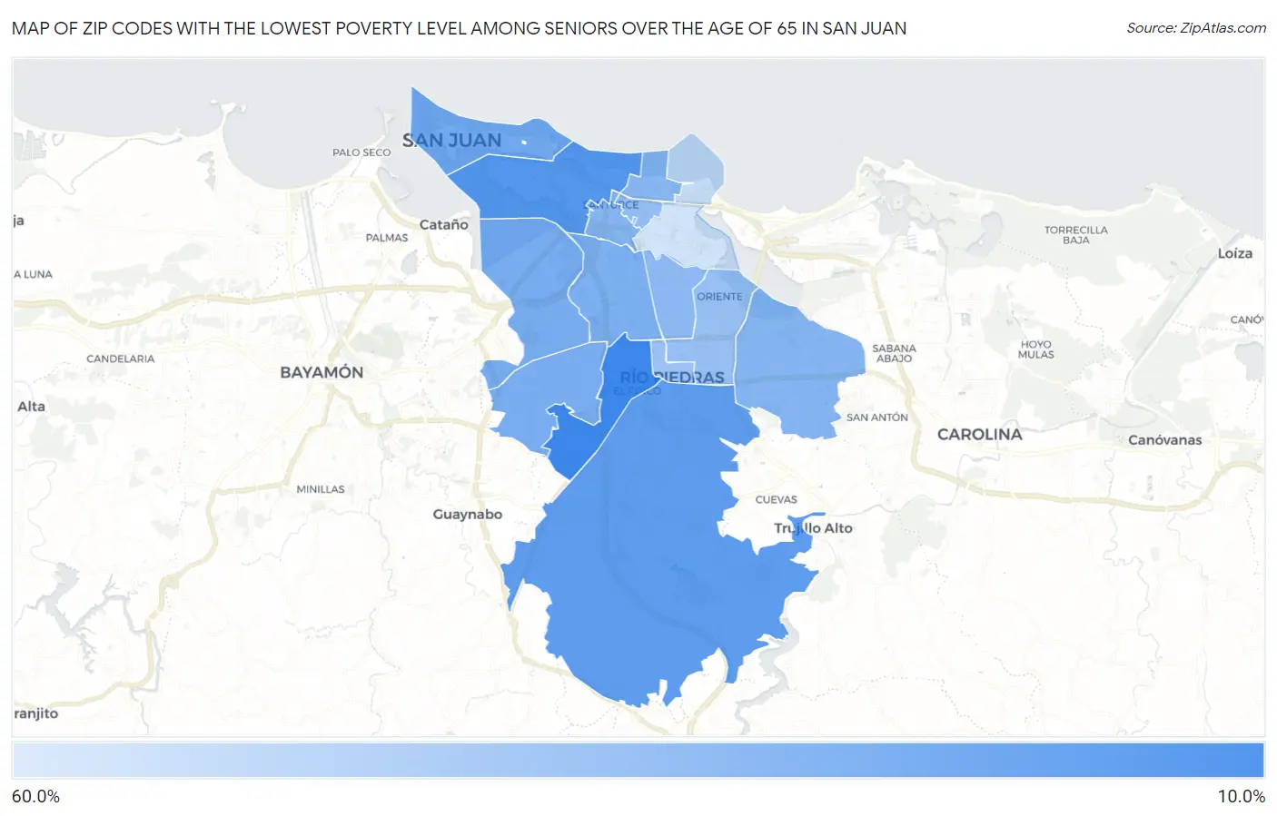 Zip Codes with the Lowest Poverty Level Among Seniors Over the Age of 65 in San Juan Map