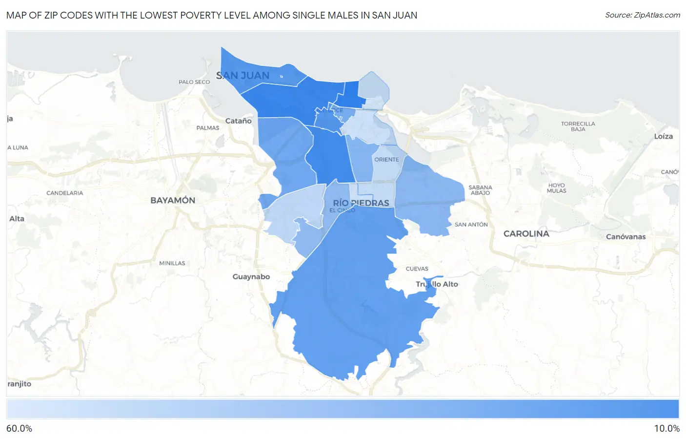 Zip Codes with the Lowest Poverty Level Among Single Males in San Juan Map