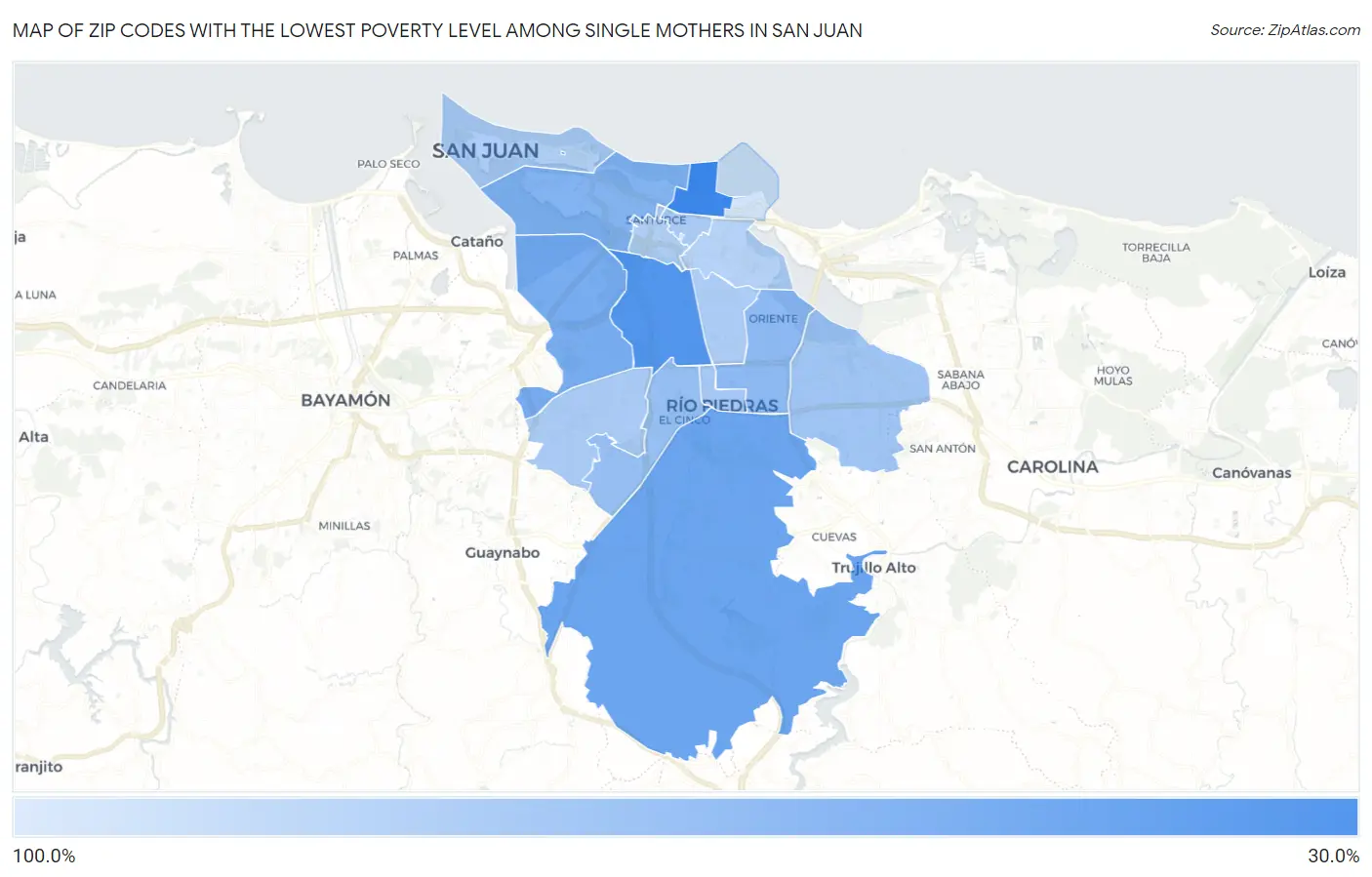 Zip Codes with the Lowest Poverty Level Among Single Mothers in San Juan Map