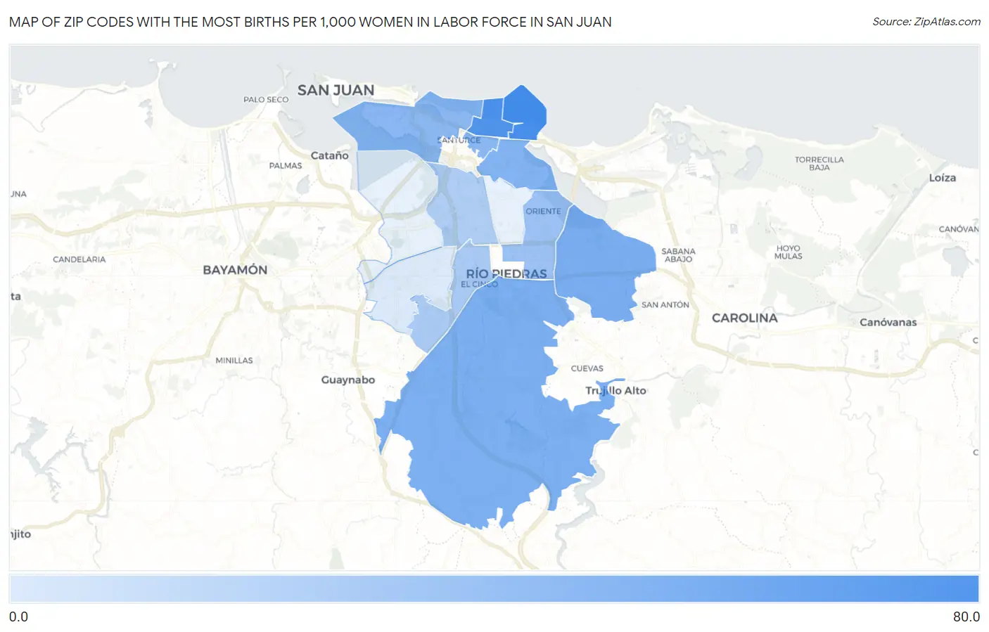 Zip Codes with the Most Births per 1,000 Women in Labor Force in San Juan Map