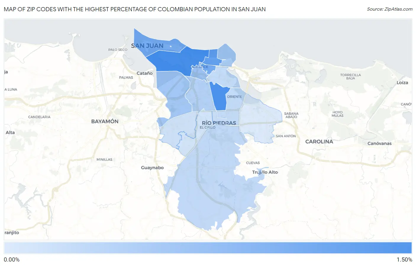 Zip Codes with the Highest Percentage of Colombian Population in San Juan Map