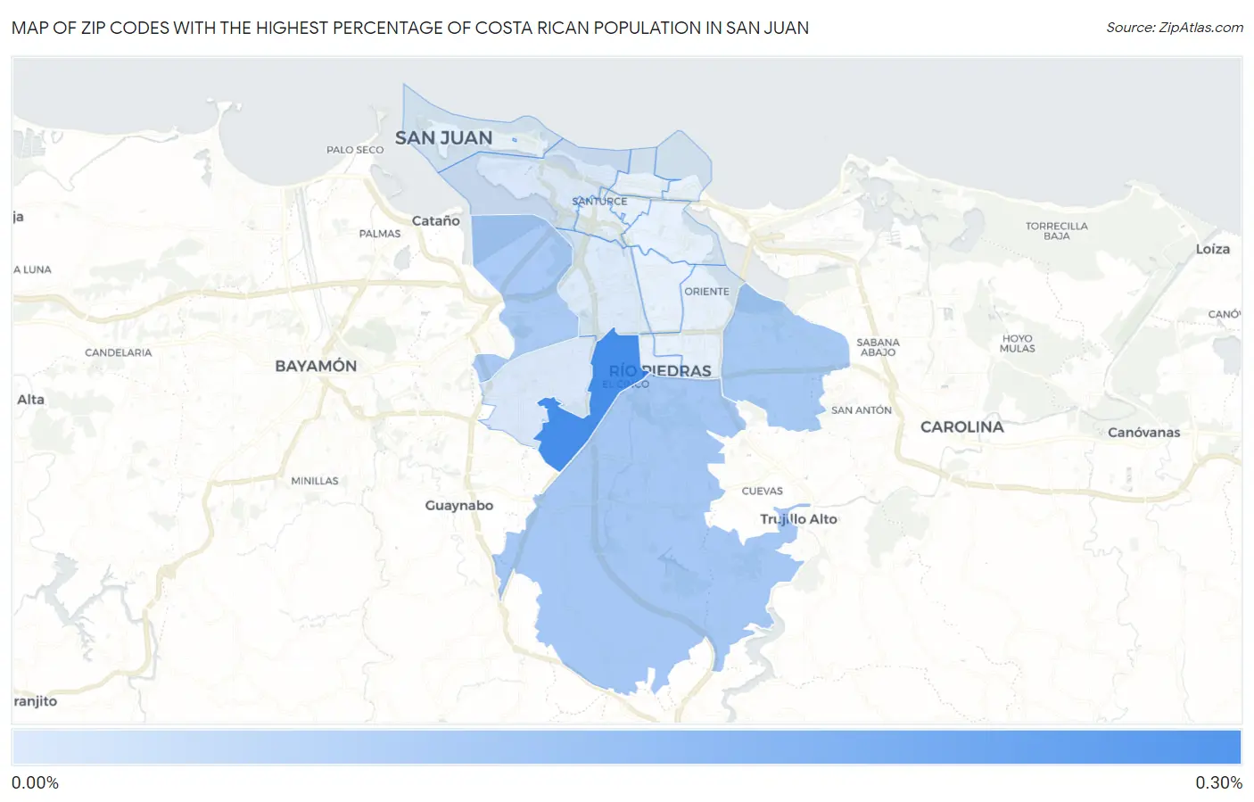 Zip Codes with the Highest Percentage of Costa Rican Population in San Juan Map