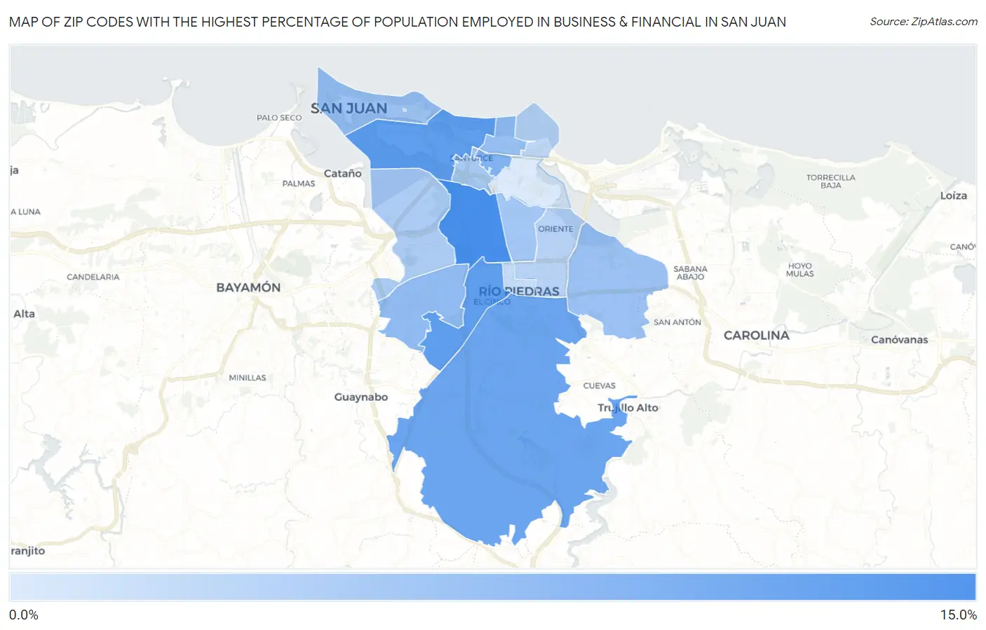 Zip Codes with the Highest Percentage of Population Employed in Business & Financial in San Juan Map