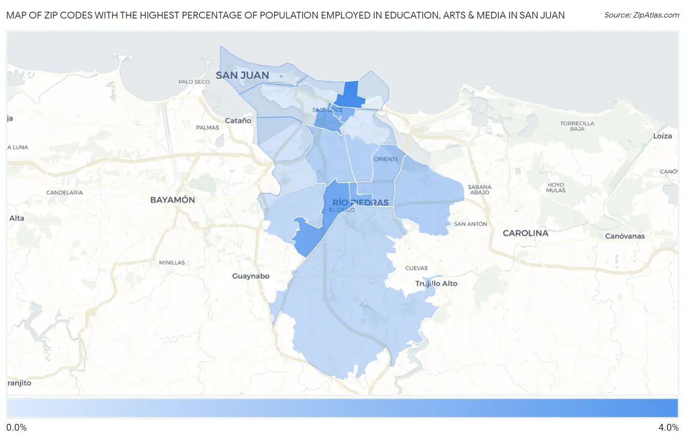 Zip Codes with the Highest Percentage of Population Employed in Education, Arts & Media in San Juan Map