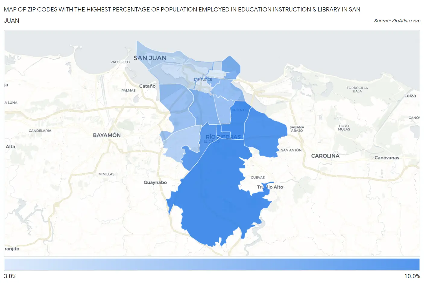 Zip Codes with the Highest Percentage of Population Employed in Education Instruction & Library in San Juan Map