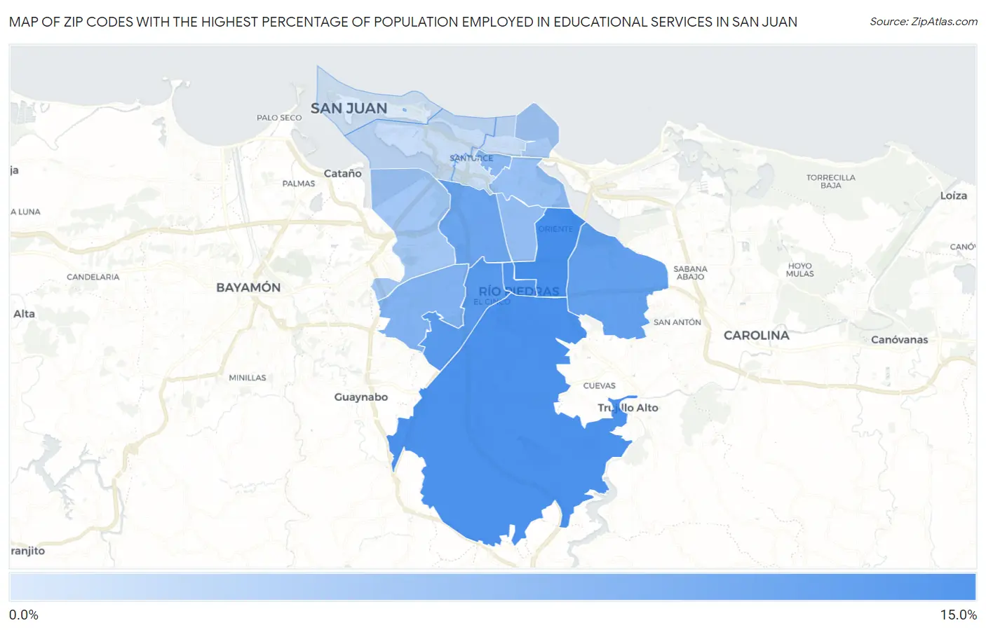 Zip Codes with the Highest Percentage of Population Employed in Educational Services in San Juan Map