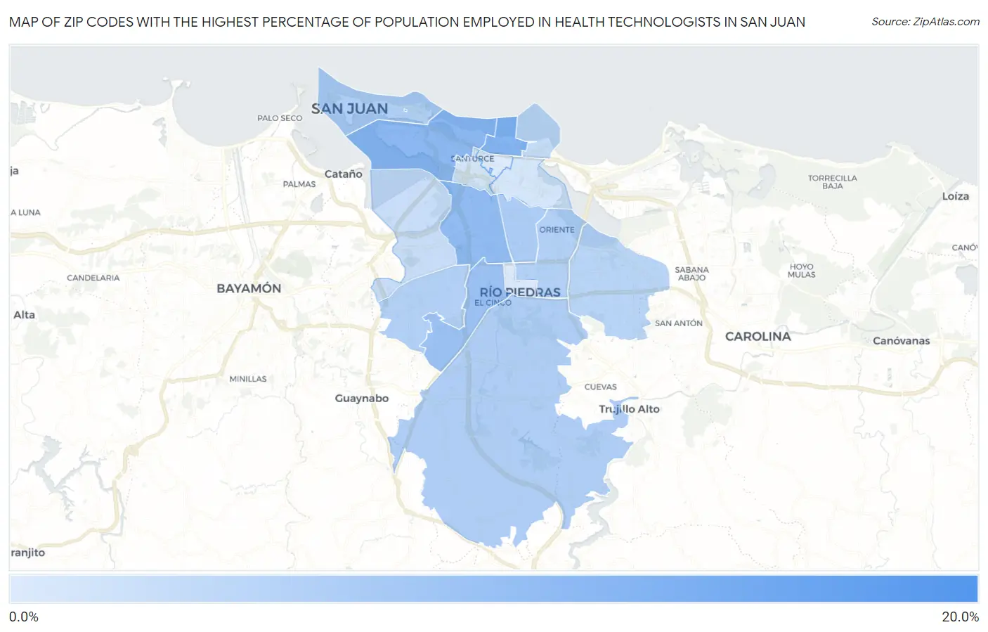 Zip Codes with the Highest Percentage of Population Employed in Health Technologists in San Juan Map