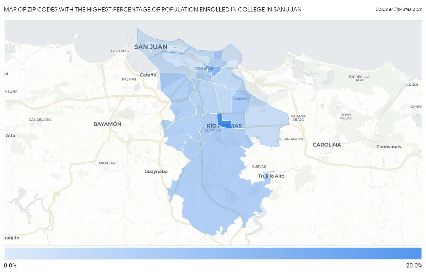 Zip Codes with the Highest Percentage of Population Enrolled in College in San Juan Map