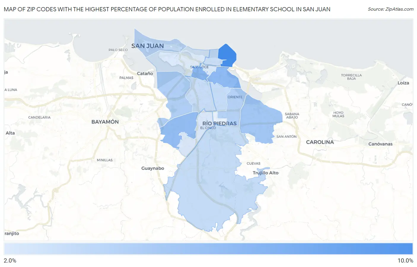 Zip Codes with the Highest Percentage of Population Enrolled in Elementary School in San Juan Map