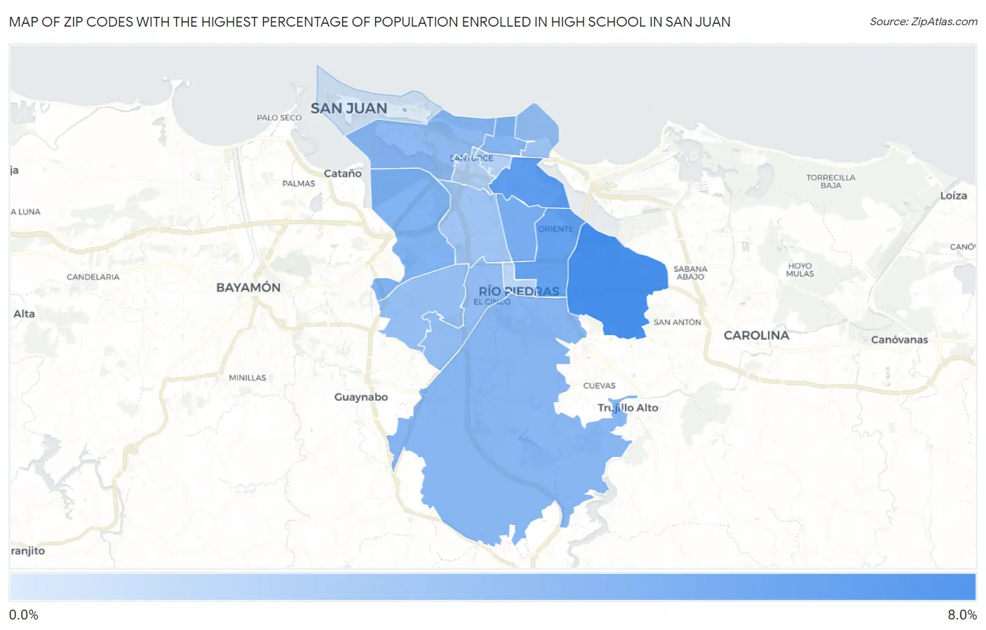 Zip Codes with the Highest Percentage of Population Enrolled in High School in San Juan Map