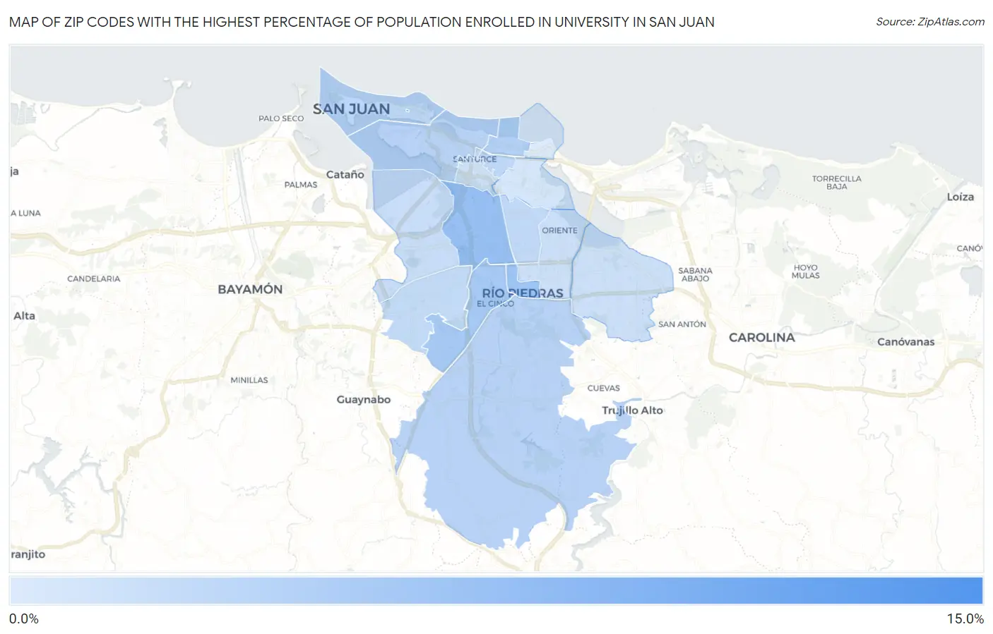 Zip Codes with the Highest Percentage of Population Enrolled in University in San Juan Map