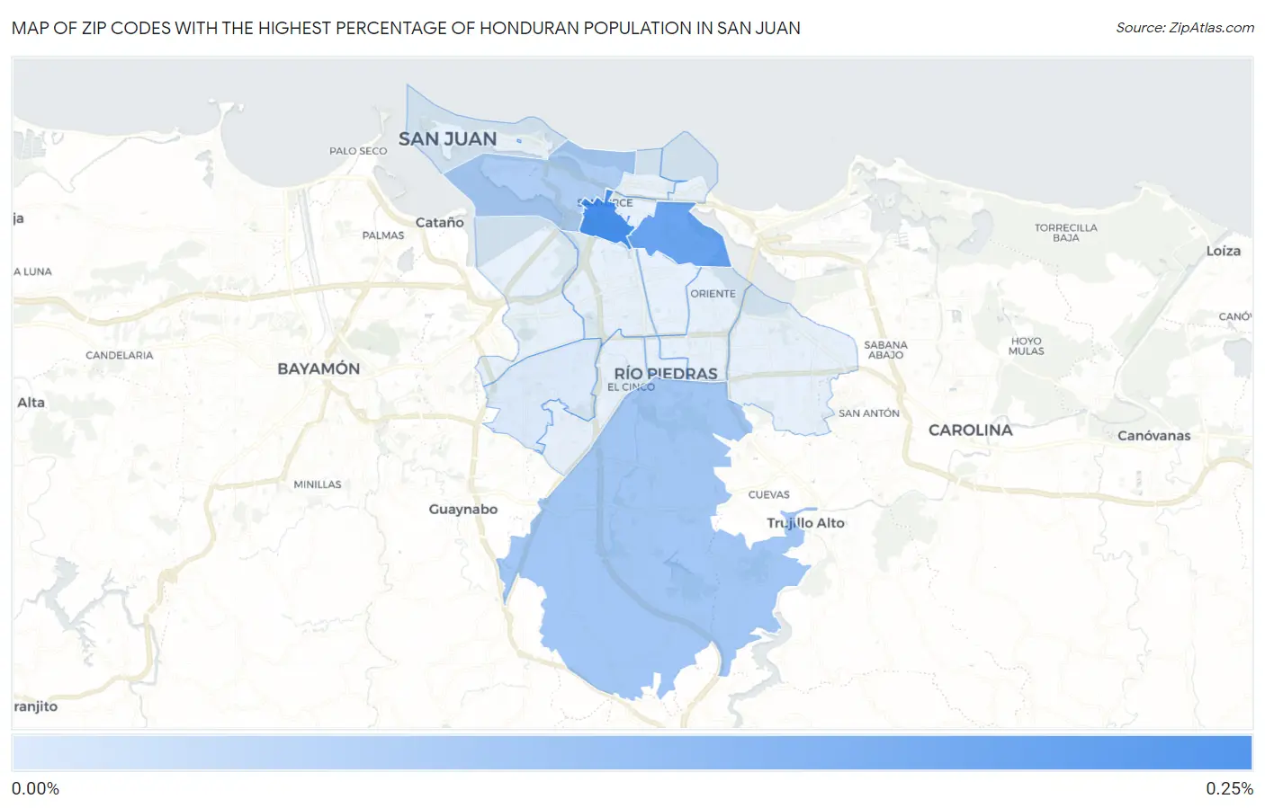 Zip Codes with the Highest Percentage of Honduran Population in San Juan Map